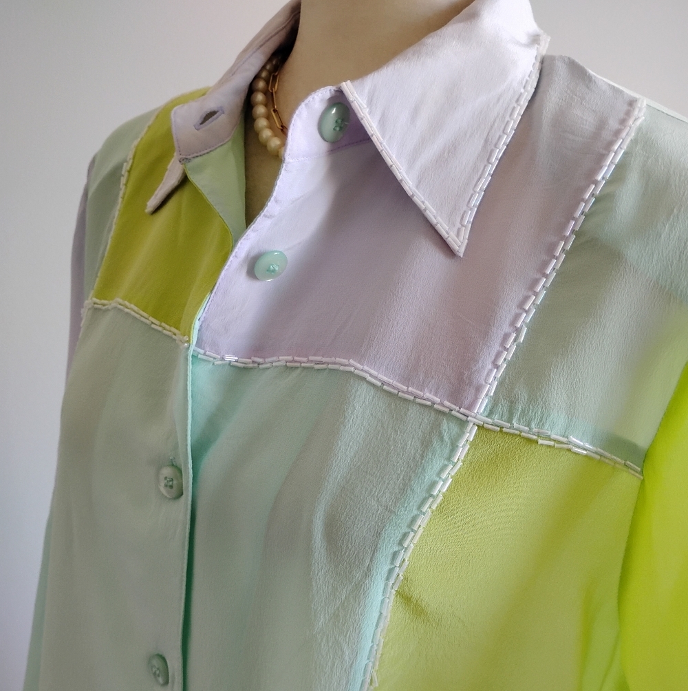 Diane Gilman Silk Beaded Button Up Blouse Pastel Chartreuse Lilac Size Medium - Picture 8 of 14